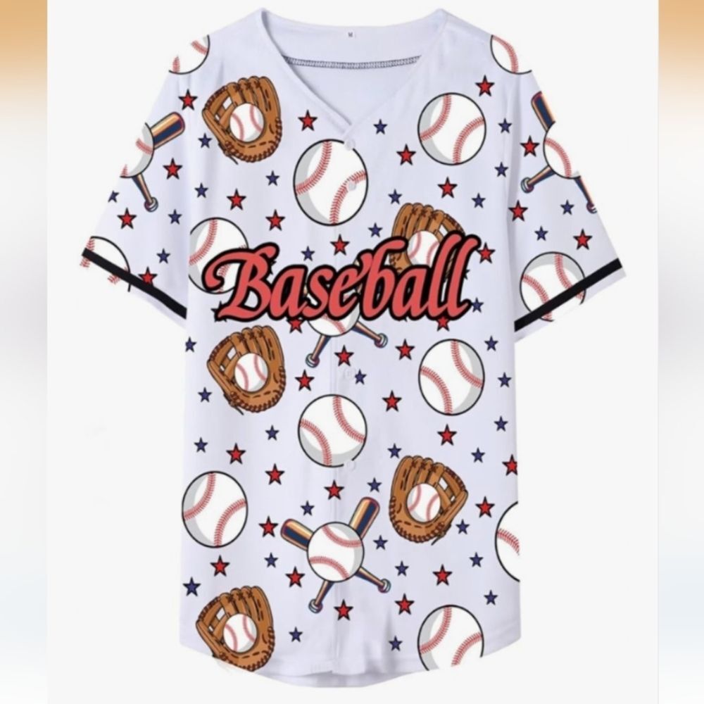 Baseball Themed Button Front Shirt Size Large NWOT P2P 23.5 In - Picture 1 of 13